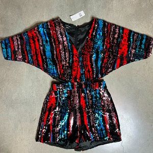 NWT Bebe Striped Sequin Kimono Romper with Cutouts Red Blue Pink Black